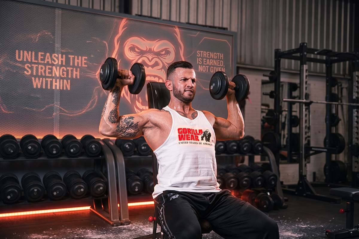 Erko Jun pressing dumbbells overhead on a bench in the gym, racks of dumbbells behind him.